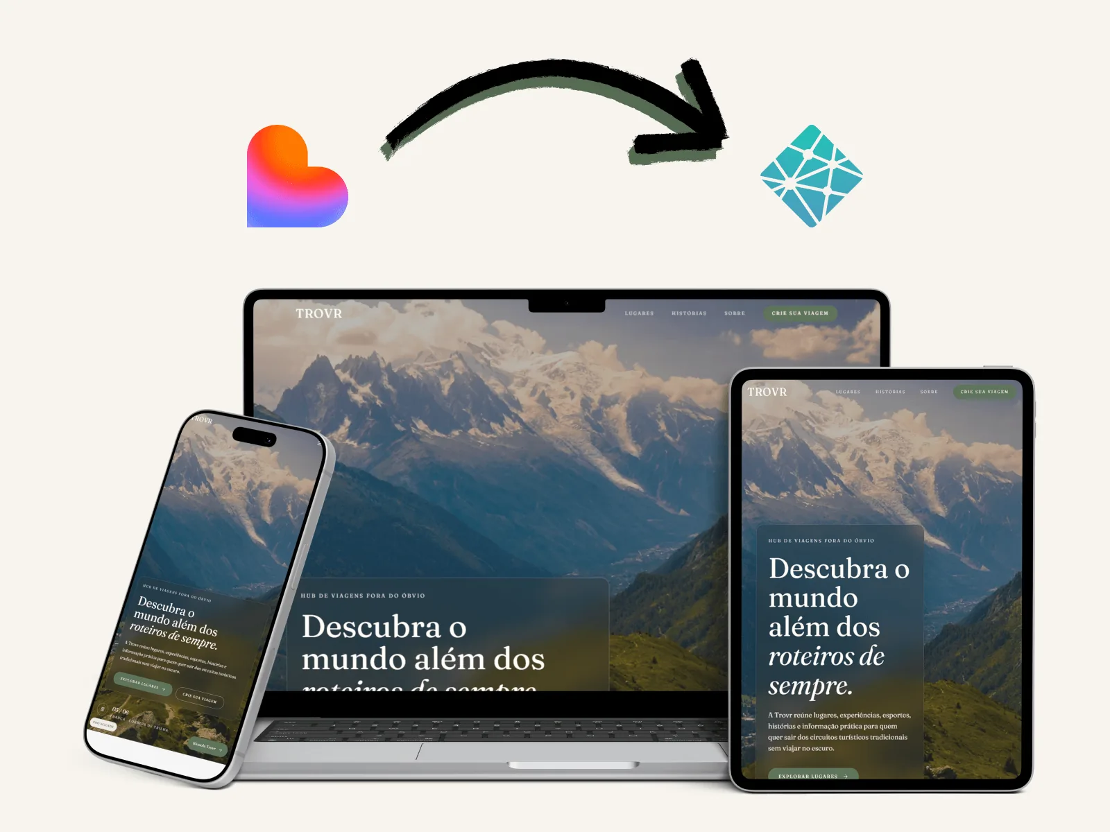 Lovable logo with an arrow to the Netlify logo, above the Trovr website on a phone, laptop and tablet. The homepage hero shows a snowy mountain range and the Portuguese headline 'Descubra o mundo além dos roteiros de sempre.'